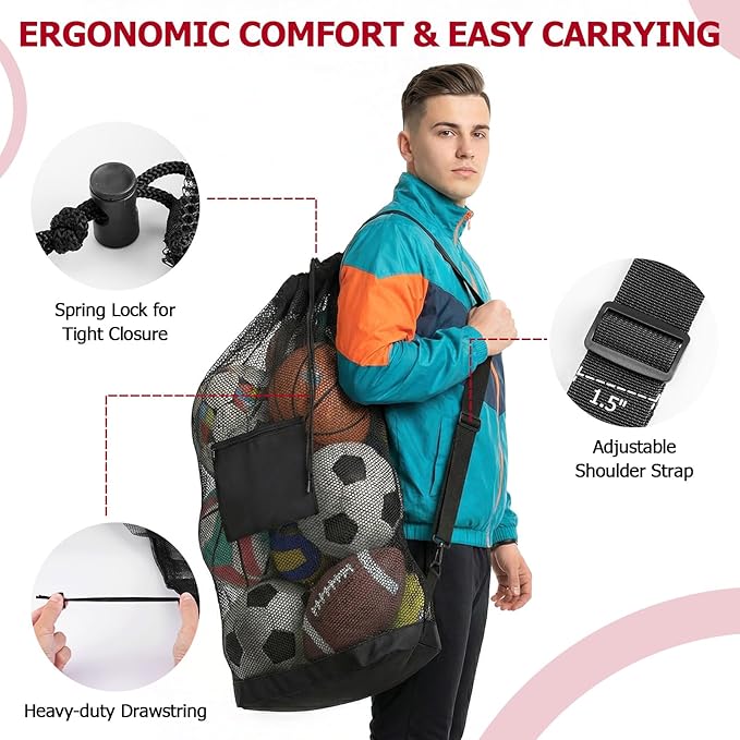 Extra Large Mesh Ball Bag with Pocket, Holds 13 Soccer Balls, 10 Basketballs, Heavy Duty Drawstring Net Bag, Team Coaches Sports Equipment Storage Duffle Sack for Volleyball, Swimming Gear