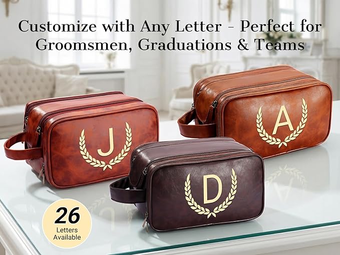 OXYEFEI Personalized Gifts for Men, Personalized Large Toiletry Bag for Men,Custom PU Leather Waterproof Mens Toiletry Travel with Initial Essential Dopp Kit Shaving Bag (T, Light Brown)