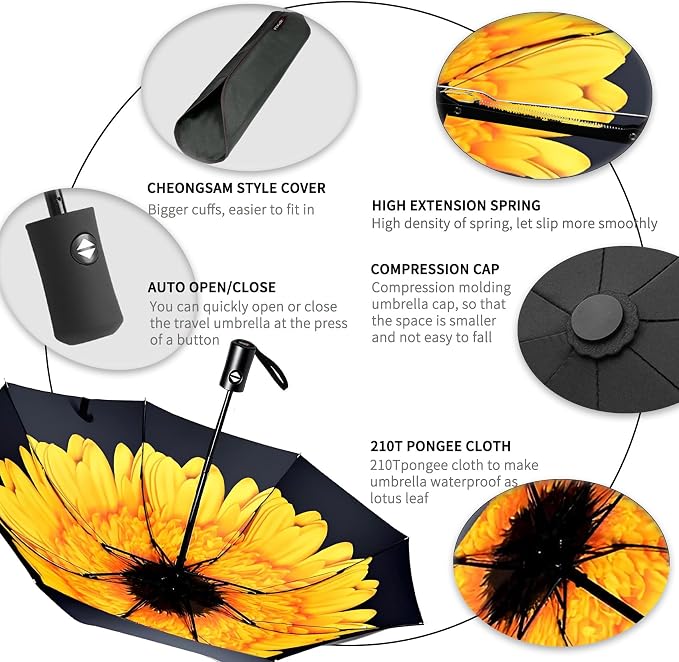 SIEPASA Compact Travel Umbrella - Windproof Auto Open/Close, Small Folding Umbrella for Rain & Sun with UPF50+ - Lightweight Frame, Waterproof - Fits Backpack, Purse, Suitcase.(Sunflower