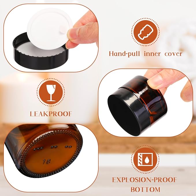 Domensi 60 Pcs 1oz Glass Jars with Lids Bulk Small Glass Salve Tins Cream Container Cosmetic Jars for Travel Balm with Inner Liners for Sample Cream (Amber,Black Lid,Plastic Lid)
