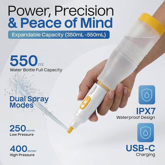 BIDET BUDDY® PureJet Portable Bidet for Travel– Self-Cleaning Retractable Nozzle, 550ml Bottle, IPX7 Waterproof, USB-C Rechargeable, High-Pressure Hygiene Device, Versatile Power Modes – Arctic White