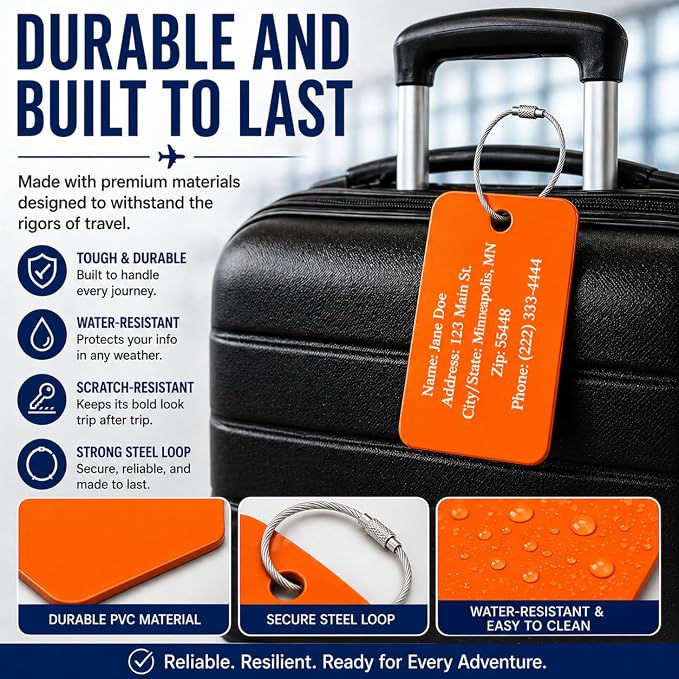 Personalized Acrylic Luggage Tags Set – Custom Engraved Name & Address ID Tags for Suitcases, Carry-On Bags & Backpacks – Bright High Visibility Heavy Duty Travel Bag Tags with Wire Ring Loops (8)