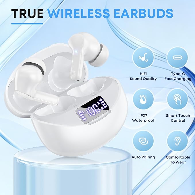 Wireless Earbuds Bluetooth 5.4 HiFi Stereo Headphones with Noise Cancelling Mic, 50H Playback in Ear Buds with LED Digital Display, IPX7 Waterproof Earphones for Office/Running/Workout (White)