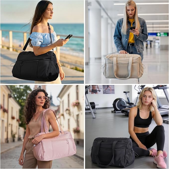 TOPEAST Weekender Bag for Women, Lightweight Puffer Travel Duffle Carry On Bag with Wet Pocket & 40oz Tumbler Pocket, Airline Approved Personal Item Overnight Bag, Pink