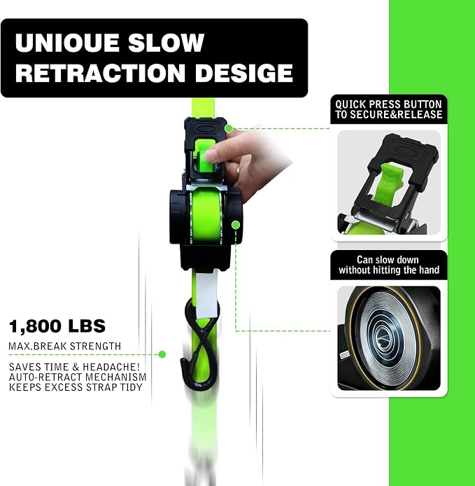 Retractable Ratchet Straps 1" x 13Ft, Heavy Duty Self Retracting Tie Down Straps, 1800lb Break Strength Auto Retract Cargo Straps for Truck, Trailer, Motorcycle, ATV, UTV, (Fluorescent Green, 4 Pack)