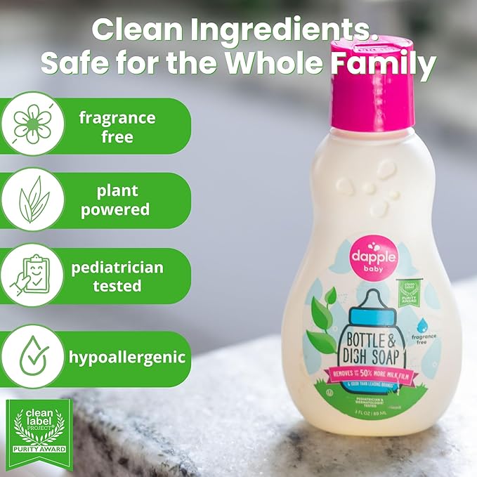 Dapple Baby Fragrance-Free Bottle & Dish Soap - 3 fl oz - Plant-Powered Cleaner for Baby Bottles, Pump Parts, and Sippy Cups - Travel Size