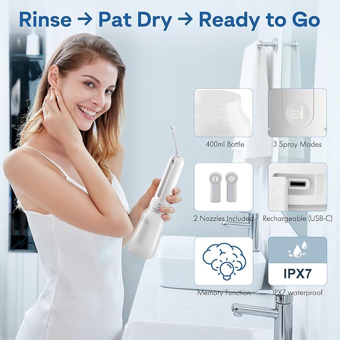 Portable Bidet for Travel & Foldable bottom buddy wiping aid for women, Electric Rechargeable 400ml Handheld Sprayer (3 Modes, IPX7, Type-C, 180° Nozzle) , Locking Clip, 2 Nozzles, Storage Bag (White)