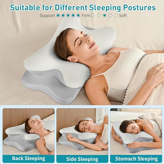 Cervical Pillow for Neck Pain Relief, Ergonomic Neck Pillow for Sleeping, Contour Pillow for Neck Support, Memory Foam Pillows for Reading & Bed Rest Pillows for Sleepers (Light Gray)