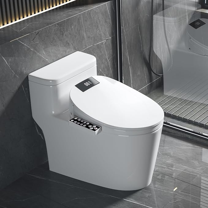 XCQQ Electric Heated Bidet Toilet Seat with Warm Water Wash, Warm Air Dryer, Soft Closed Lid, Night Light, LED Display, Toilet Seat with Bidet Requires Outlet - Round
