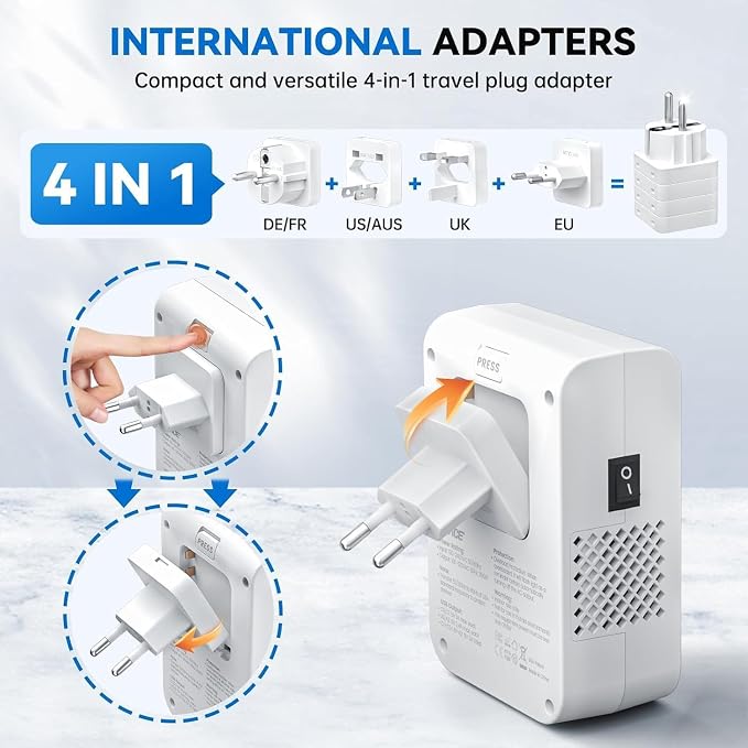 DOACE 350W Travel Voltage Converter US to Europe 220V to 110V Converter for Curling Iron Straightener Converter for European Travel 4 USB Charging Universal Power Plug Adapter UK/AU/US/EU, White
