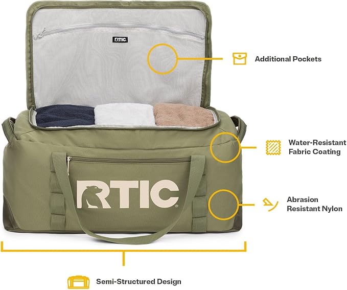 RTIC Road Trip Duffle Bag for Men and Women, Traveling Tote for Camp, Travel, Gym, Weekender, Camping, Overnight, Carry On, Sports, Spacious, Water Resistant, Large, Olive & Beach