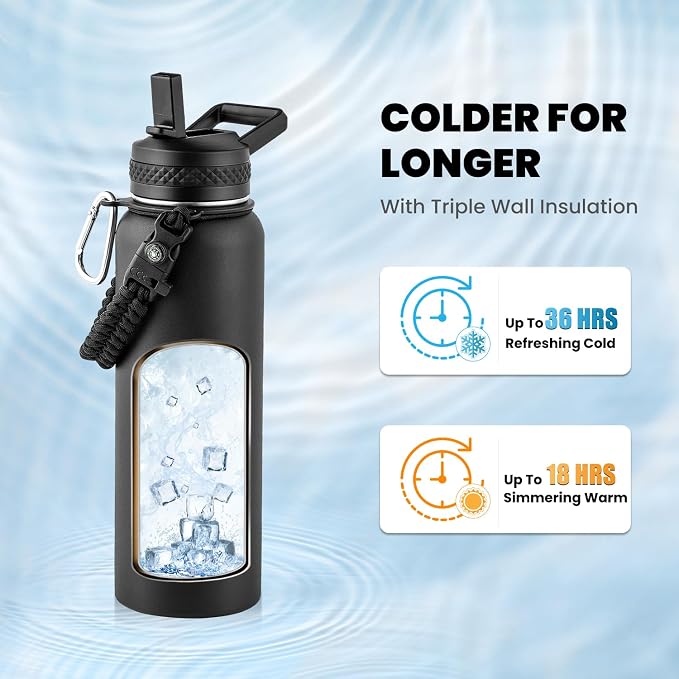 RAYMYLO Insulated Water Bottle 40 oz, Triple Wall Vacuum Stainless Steel (Cold for 36Hrs, Hot for 18Hrs), Leak Proof & Non-BPA, Modern Water Flask Jug with Paracord Handle & Straw Spout Lids