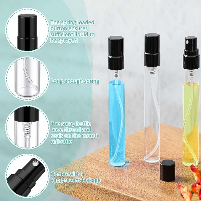 Zhehao 1 Pcs Mini Spray Bottles 10 ml Clear Glass Perfume Bottles Refillable Fine Mist Perfume Atomizer Portable Empty Sample Containers for Cleaning, Essential Oils, Travel (Black Cap)