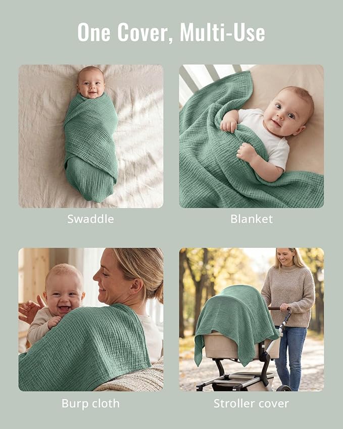Blissful Diary Muslin Multi-Use Cloth - 4-in-1 Privacy Nursing Cover, Swaddle Blanket, Car Seat Cover, Burp Cloth, Portable Breastfeeding Essentials for Women, Baby Must Have (Roman Green)