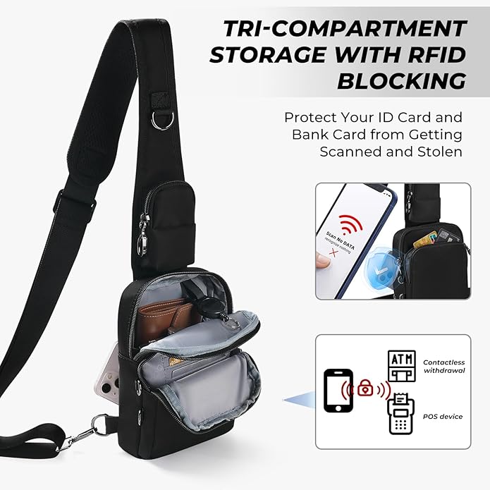 Crossbody Bag Anti Theft Sling Bag for Women Men RFID Blocking, Small Shoulder Chest Bags with Zipper Lock