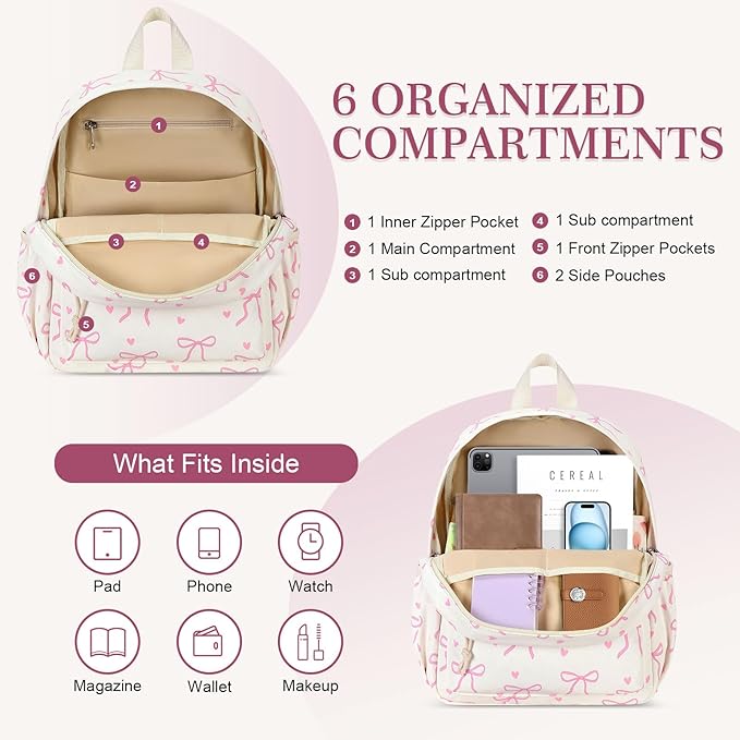 LOIDOU Mini Backpack for Women, 12" Bow Tie Cute Small Backpack for Girls Daily, Lightweight Daypack for Traveling, Casual Bookbag for Kids