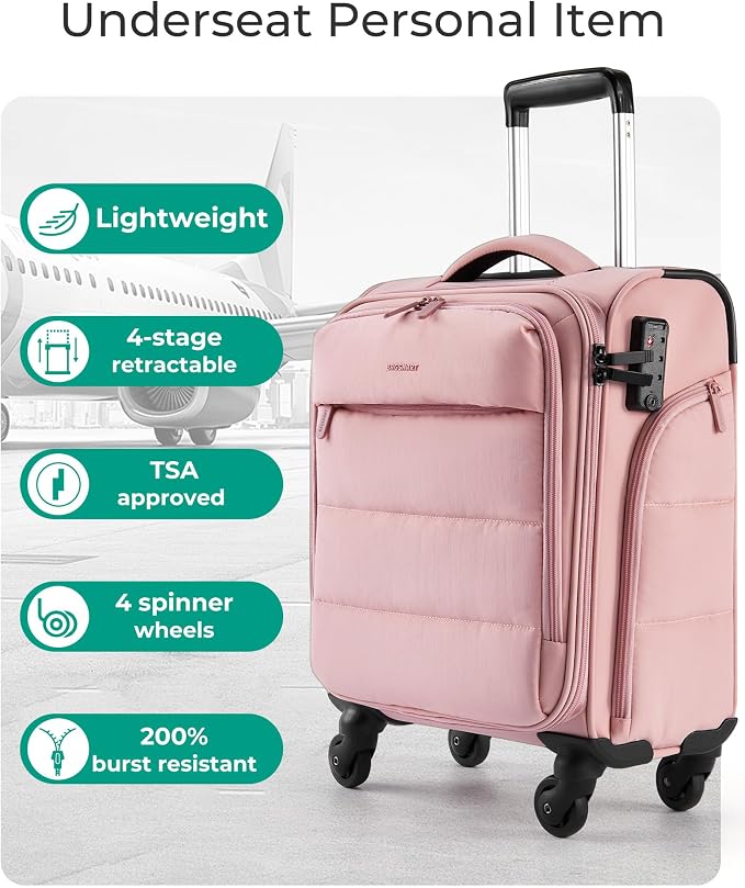 BAGSMART Underseat Carry on Luggage with Wheels, Soft Underseat Travel Luggage with PVC Wet/Dry Pockets, Lightweight Soft Personal Item Suitcase for Short Trip, Sakura Pink