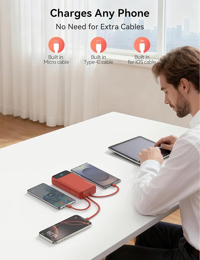 Nusyddy Portable Charger 20000mAh 22.5W w/4 Built-in Cables/6 Outputs Red | High capacity, Fast Charge, LED Display, Pass Through Charging, Charge 6 Devices at once, TSA Approved, Fits iPhone, Samsung