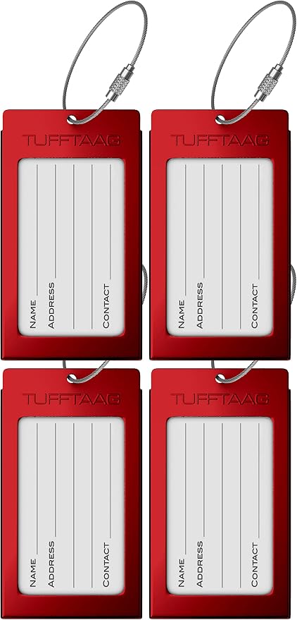 Luggage Tags Business Card Holder by TUFFTAAG - Durable Travel ID Bag Tag, SS-Red, 4 Pack