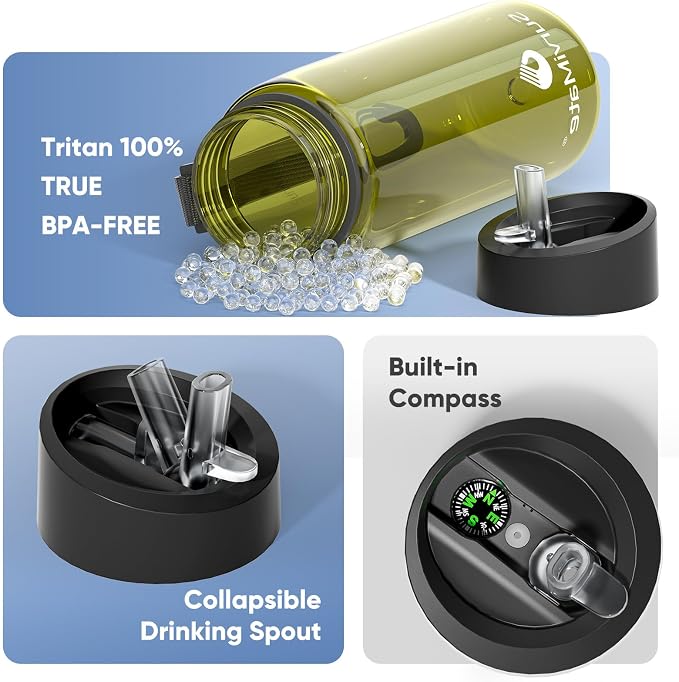 SurviMate 5-Stage 0.01μm Ultra-Filtration Filtered Water Bottle, BPA-Free Material, NSF/ANSI 42 Certified, Portable Water Filter Bottle for Survival, Camping, Hiking, and Emergency Use