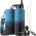 Coolflask Water Bottle 40 oz Insulated with Straw, Stainless Steel Metal 3 Lids Water Flask for Sports or Office, Keep Cold 48H Hot 24H, Turquoise