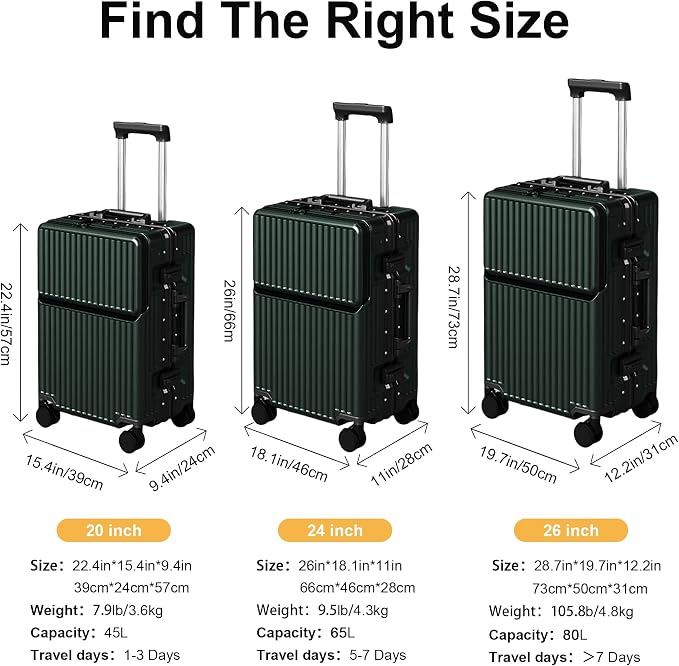 Carry on suitcase Zipperless Luggage,Polycarbonate Aluminum Hard Shell, Expandable Carry-On Suitcase with Spinner Wheels, 26 Inch Cabin