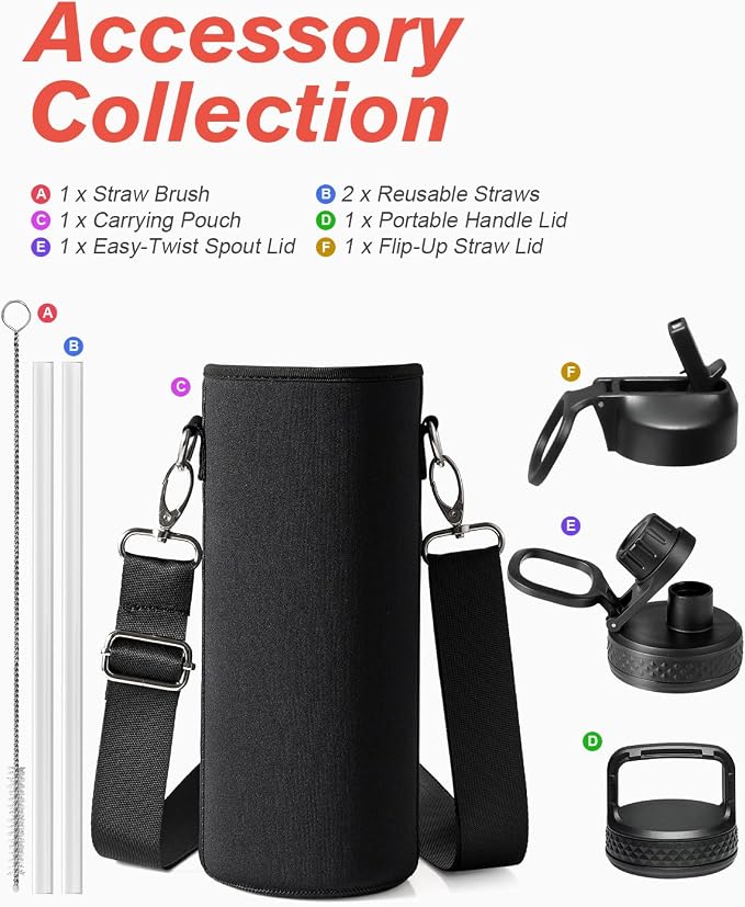 Coolflask Water Bottle 40 oz Insulated with Straw, Stainless Steel Metal 3 Lids Water Flask for Sports or Office, Keep Cold 48H Hot 24H, White & Black