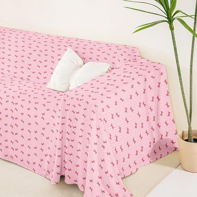 Girls Bow Couch Cushion Covers for Large Dogs Pink Buffalo Plaid Couch Covers Cute Ribbon Bowknot Sofa Cover,Kawaii Grid Lattice Bow Tie Cushion Sofa Furniture Protector for Pets,91" x 150"