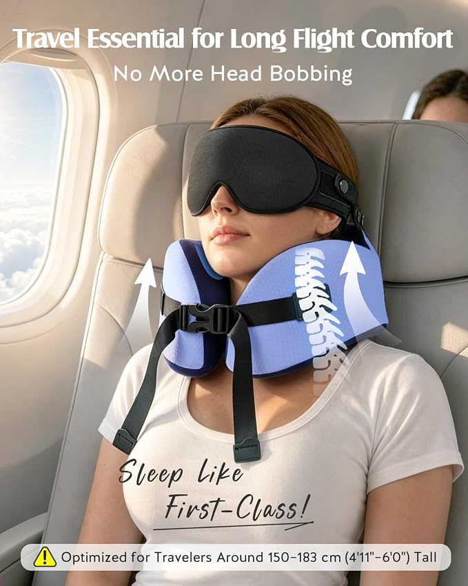 YFONG Travel Pillow for Long Flights, Patented 360° Ergonomic Sleeper Hold Head Support System with Memory Foam Neck Pillow & 3D Sleep Mask, Prevent Head Bobbing for Airplane & Road Trip, Blue