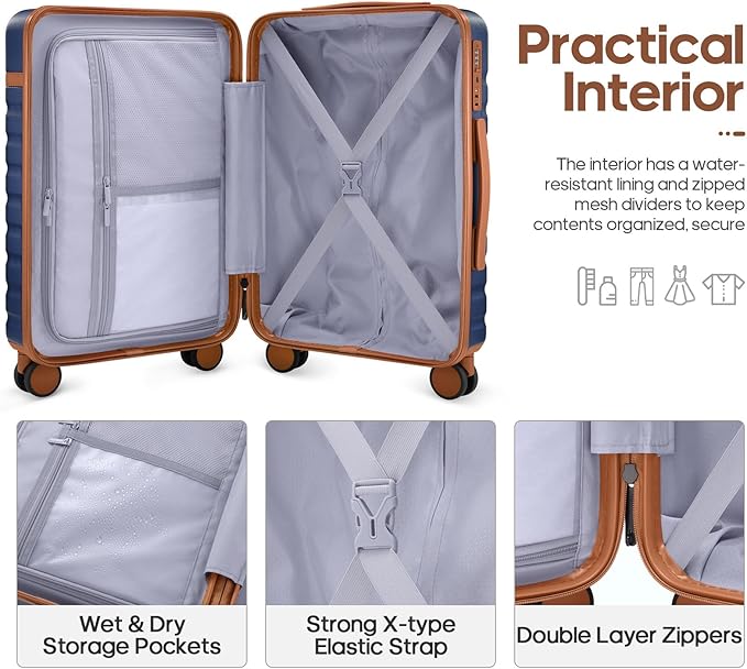 UKEIN Luggage Sets 3 Piece, PC Hardside Large Luggage 24 Inch With Spinner Wheels with TSA Lock, Carry On Suitcase Set With Travel Backpack for Men (Blue, 3 piece set (24inch))