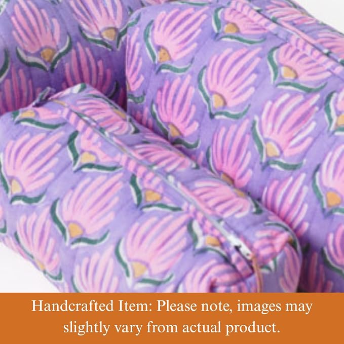 Saffron Marigold Quilted Makeup Bag Set of 3, Hand Block Printed Cotton Cosmetic Bags for Women, Waterproof Lined Travel Toiletry Bag, Coquette Floral Aesthetic, Handmade Gift, Lilac Flame