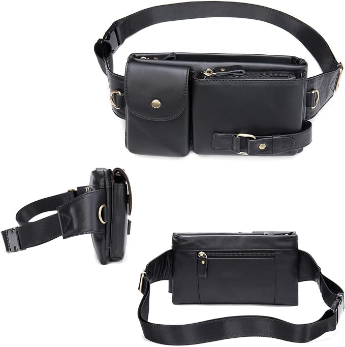 NIUCUNZH Cowhide Waist Fanny Pack-Genuine Leather and Slim with Adjustable Waistband Black