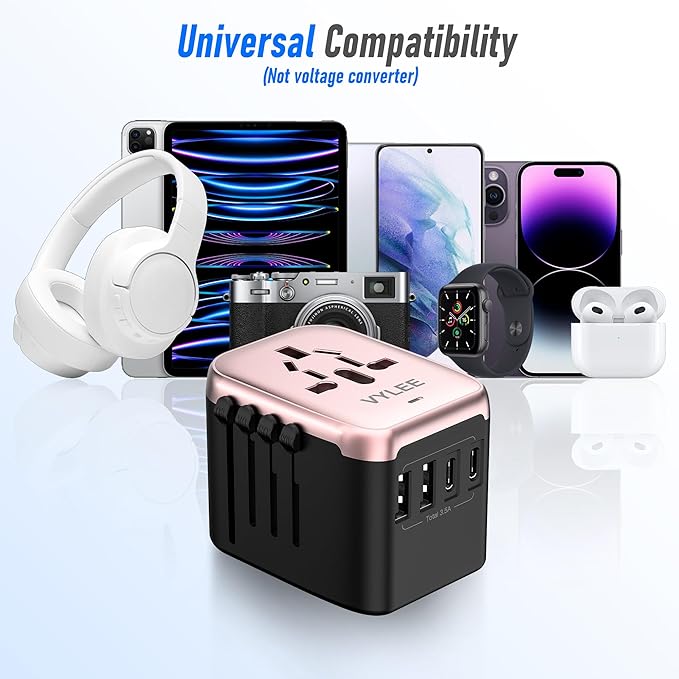 VYLEE Universal International Power Travel Plug Adapter, 5 in 1 European Travel Plug Adapter W/ 3.5A 2xUSB-A and 2xUSB C Wall Charger and Worldwide AC Outlet
