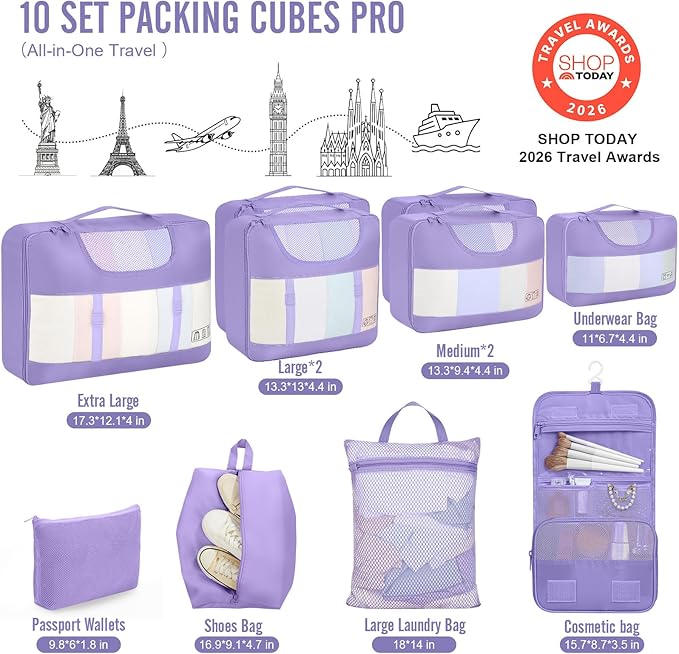 Veken 10 Set Packing Cubes for Travel Essentials, Suitcase Organizer Bags in 4 Sizes, Carry-On Luggage Accessories with Large Laundry Bag & Passport Holder, Must-Have for Airplane, Road Trip & Camping