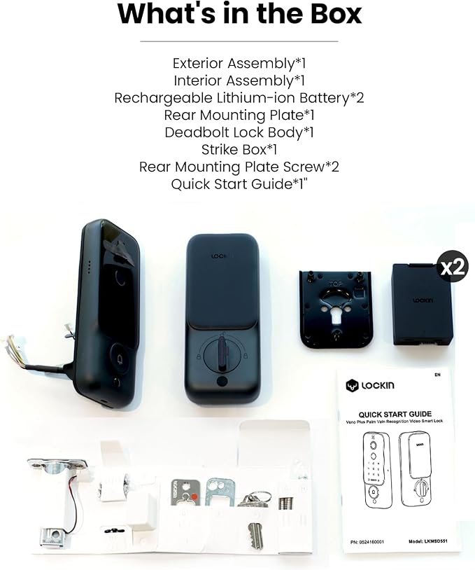 Lockin Venoris Plus - All-in-One Smart Lock for Front Door - Palm Vein & Fingerprint Keyless Entry- 2K 180° Ultra-Wide Camera, Night Vision, Built-In WiFi & 8GB Storage- No Monthly Fee- Dual Batteries
