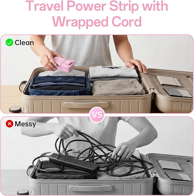 Travel Power Strip, SMALLRT 2 Pcs Extension Cord with Multiple Outlets, 3.3FT Wrapped Extension Flat Plug Power Strip with 4 AC Outlets for Travel, Hotel, Cruise Approved, No Surge Protection, Pink