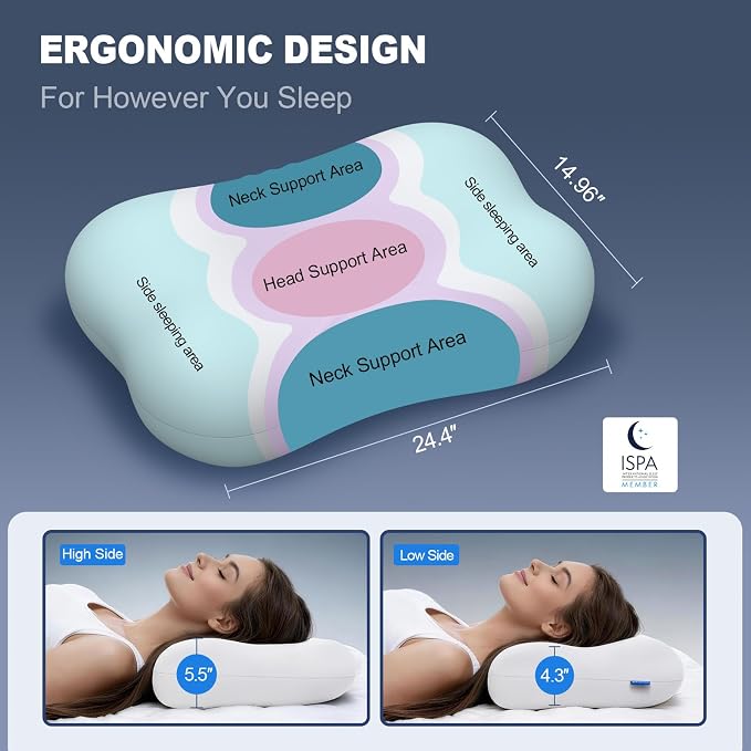 Cervical Neck Pillow – Cooling for Side Sleepers, Adults & Neck Pain | Ideal Gift – Ergo Memory Foam Bed Pillow, Hypoallergenic CertiPUR-US Oeko-TEX. For Sleep Apnea, Back, Stomach & Snoring