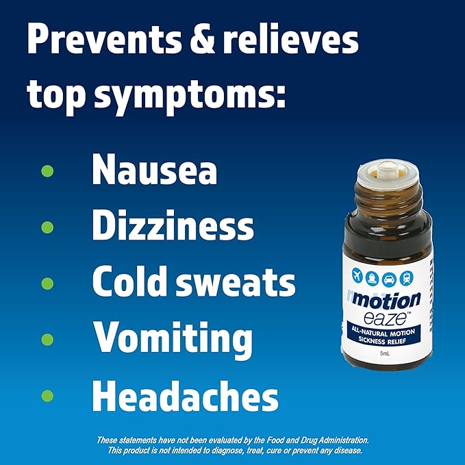 MotionEaze Non-Drowsy Motion Sickness Relief - All Natural Drug Free Formula - Made in The USA - 5ml Bottle - Fast Relief for Motion Sickness from Cruises, Cars, Planes