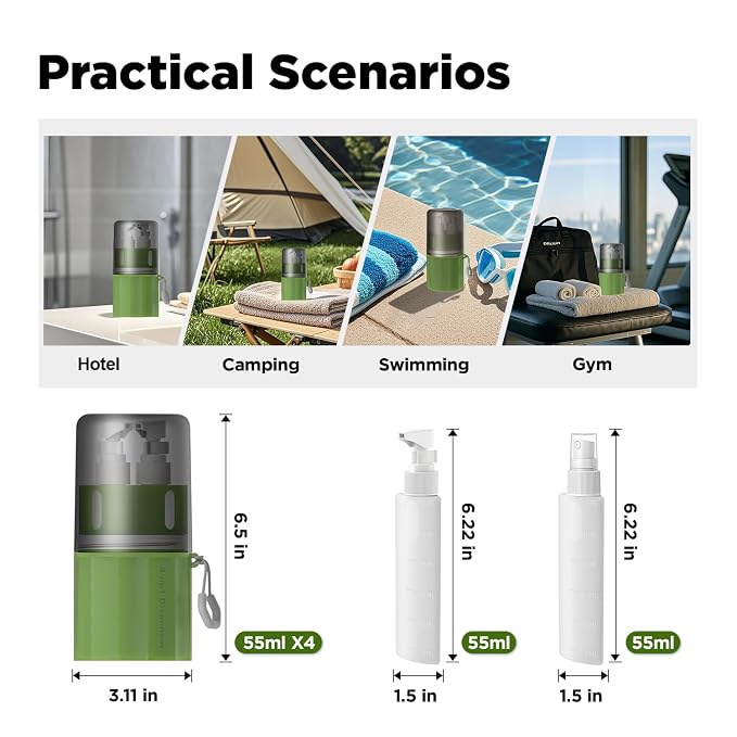 YOTIME 4 in 1 Travel Dispenser Bottle, Vacuum Silicone Suction Cup for Smooth Walls, TSA Approved Leak Proof Travel Size Containers for Hotel, Swimming, Gym, Camping, Green