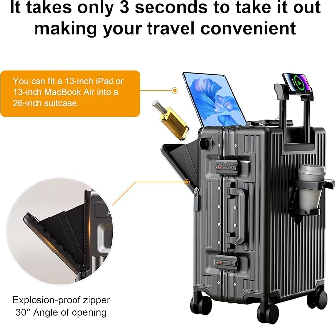 Carry on suitcase Zipperless Luggage,Polycarbonate Aluminum Hard Shell, Expandable Carry-On Suitcase with Spinner Wheels, 26 Inch Cabin