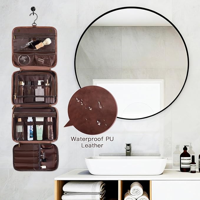 Laser-Engraved Initial 3-in-1 Hanging Travel Toiletry Bag 21st 30th 40th 50th 60th Birthday Gifts for Men, Personalized PU Leather Shaving Bag for Dad Husband Brother Boyfriend Reddish Brown D
