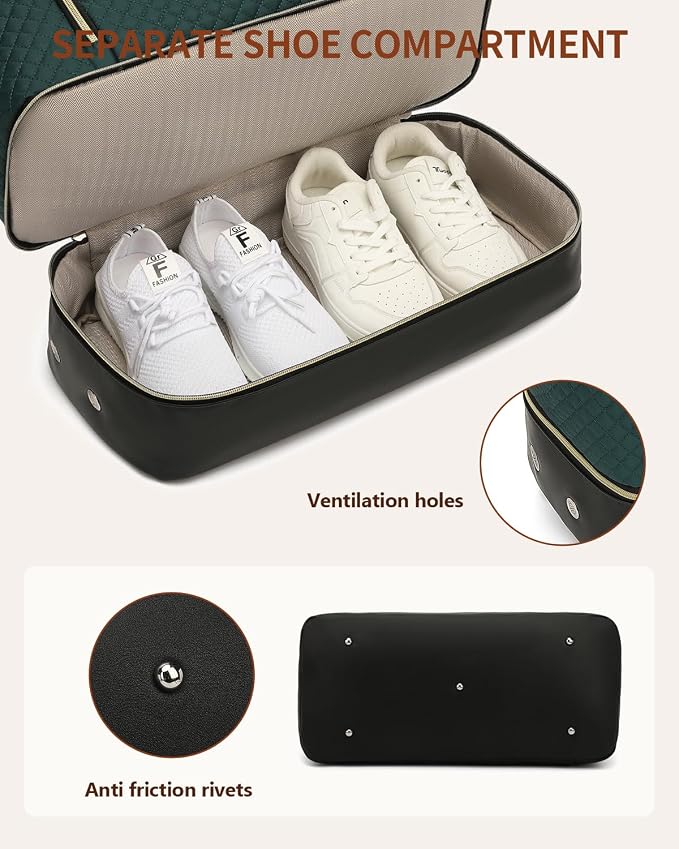 Weekender Bags for Women Travel, Under Seat Carry On Bags for Airplanes Overnight Bag with Shoe Compartment Luggage Sleeve, Foldie Travel Tote Bag Hospital Bag, Travel Gifts, DarkGreen Black