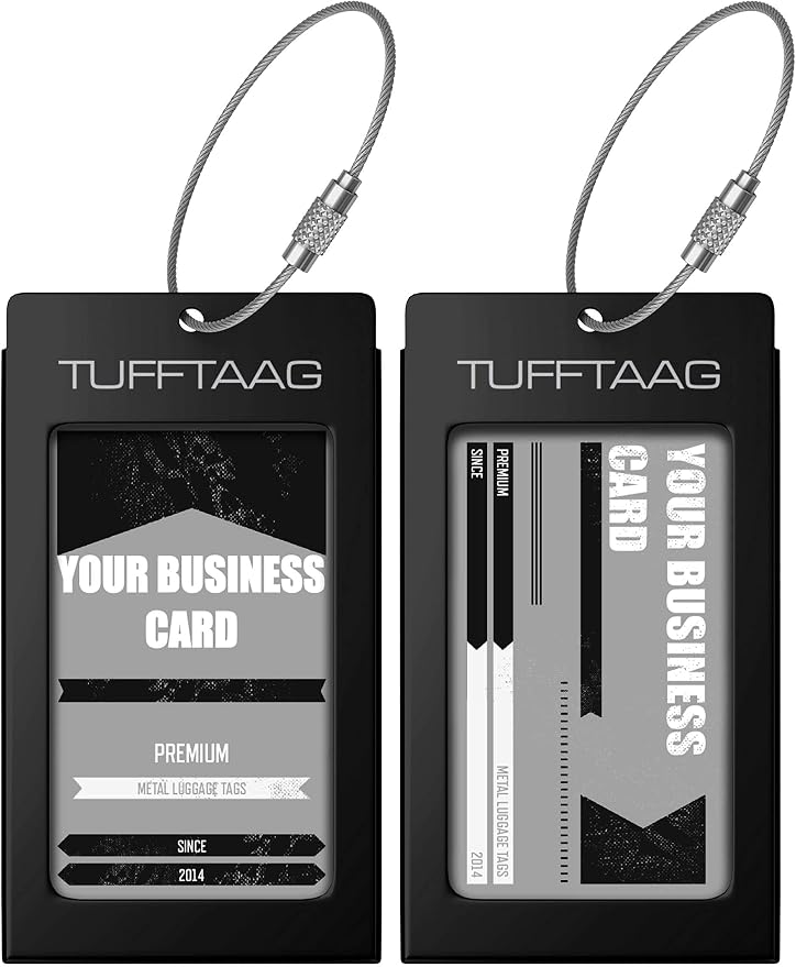Luggage Tags Business Card Holder by TUFFTAAG - Durable Travel ID Bag Tag, Onyx, 2 Tags