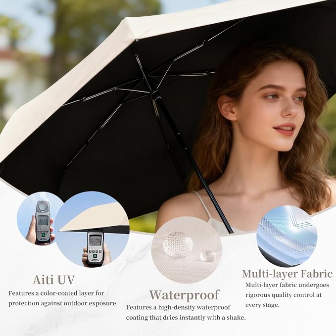 Travel Folding Extra-Large Carbon Umbrella,Ultra-Lightweight/Thin,Compact,Portable,110cm Large Canopy,3cm Wide Umbrella Strap,Teflon Coating,Anti UV,UPF50+,Sun/Rain,6Ribs,Men/Women/Kids,Backpack/Car