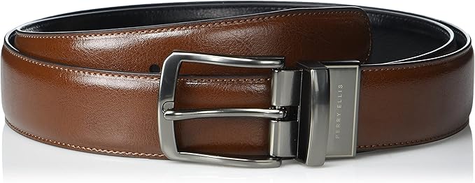 Perry Ellis Men's Portfolio Reversible Bonded Leather Stitch & Heat Crease Dress Belt