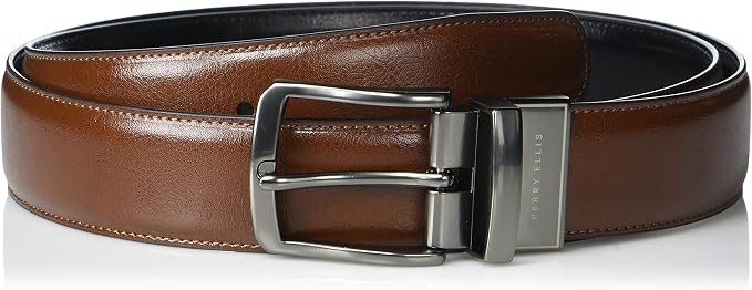 Perry Ellis Men's Portfolio Reversible Bonded Leather Stitch & Heat Crease Dress Belt