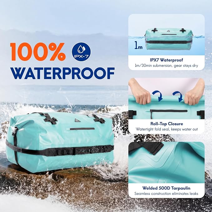 Haimont IPX7 Waterproof Roll-Top Dry Duffel Backpack | 60L/90L Sizes, 500D Tarpaulin, Welded Seams, Mesh Pockets, Boating & Kayaking
