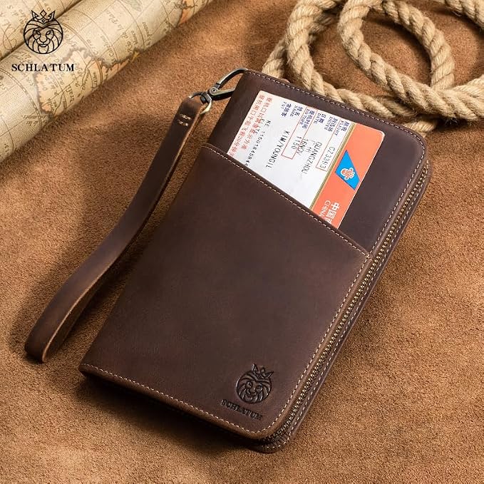 Leather Family Passport Holder RFID Blocking Vintage Zipper Large Capacity Travel Wallet with 6 Passport Slots & Wristlet, Brown
