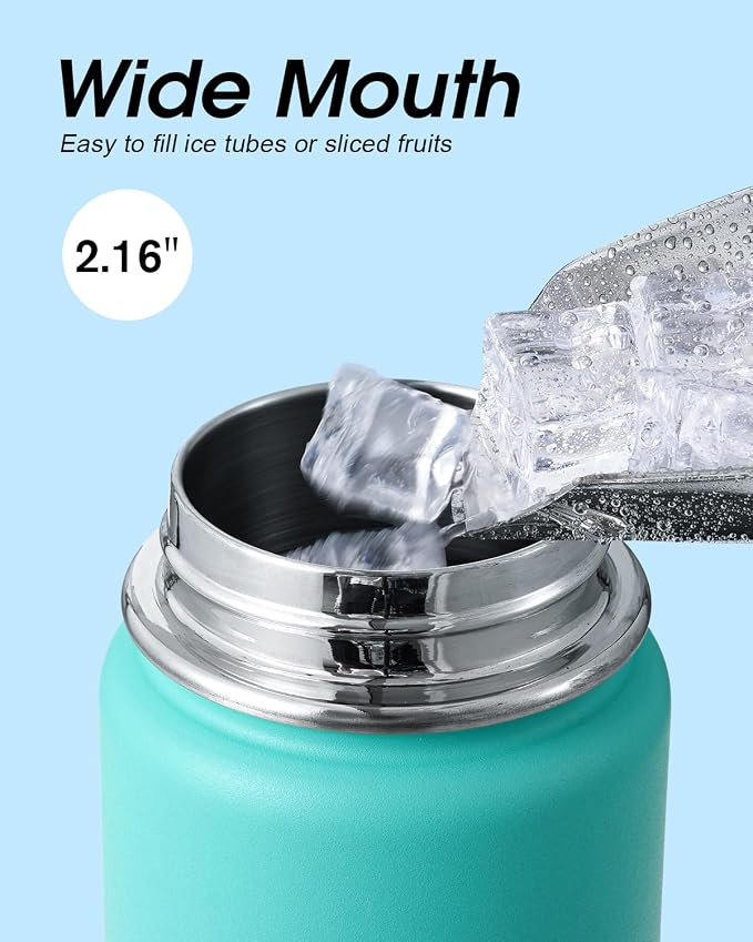 Coolflask Water Bottle 24 oz Insulated with Straw, Stainless Steel Metal 3 Lids Water Flask Wide Mouth for Sports or Office, Non-BPA Keep Cold Up to 48 Hrs or Hot Up to 24 Hrs, Pacific Prince