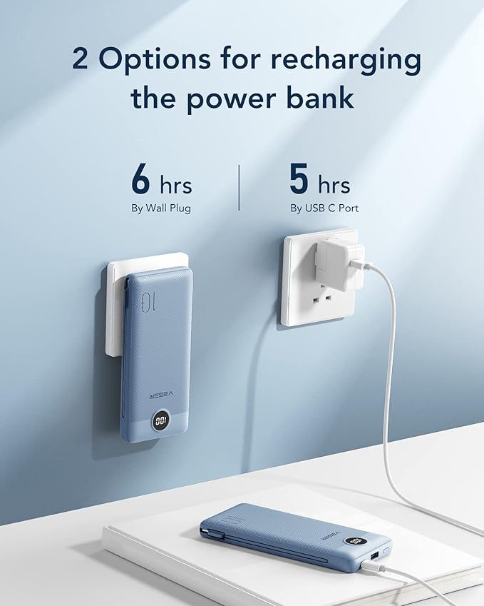 VEGER Portable Charger Power Bank with Built-in AC Plug and Cables, All in One 10000mAh Ultra Slim Travel Essentials, Fast Charging Battery Pack Compatible with iPhone, Samsung, Android (Blue)